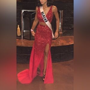 Two piece red beaded Sherri hill gown